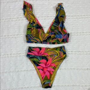 Aerie Ruffle Longline Floral‎ Bikini Top and High-waist Bottoms